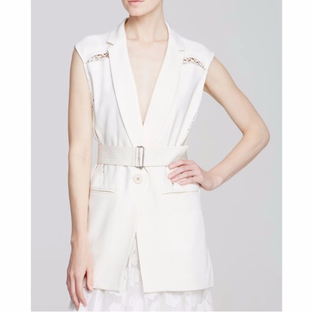 REBECCA TAYLOR Lace Panel Chalk White Belted Button Refined Suiting Vest Size 4